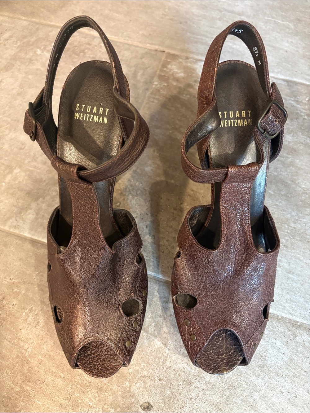 Stuart Weitzman Brown Leather T-Strap Peep Toe Heels